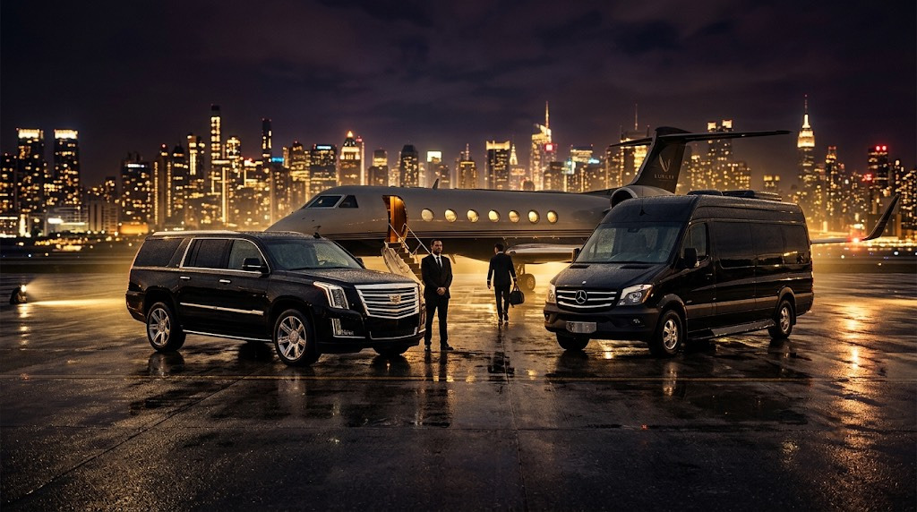 A black Cadillac Escalade and Mercedes Sprinter parked beside a private jet on a rain-slicked tarmac, with a city skyline lit up behind them at night